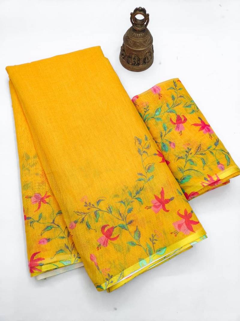 yellow color linen digital printed saree with running print blouse