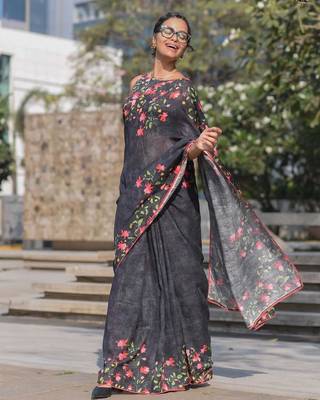 black color linen digital printed saree with running print blouse 1