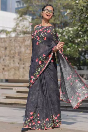 black color linen digital printed saree with running print blouse