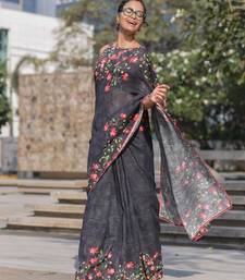 black color linen digital printed saree with running print blouse
