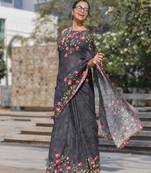 black color linen digital printed saree with running print blouse