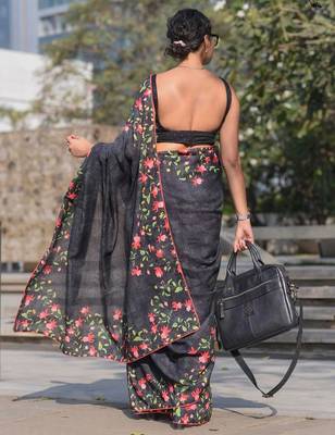 black color linen digital printed saree with running print blouse 2