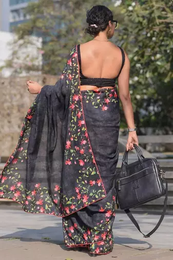 black color linen digital printed saree with running print blouse