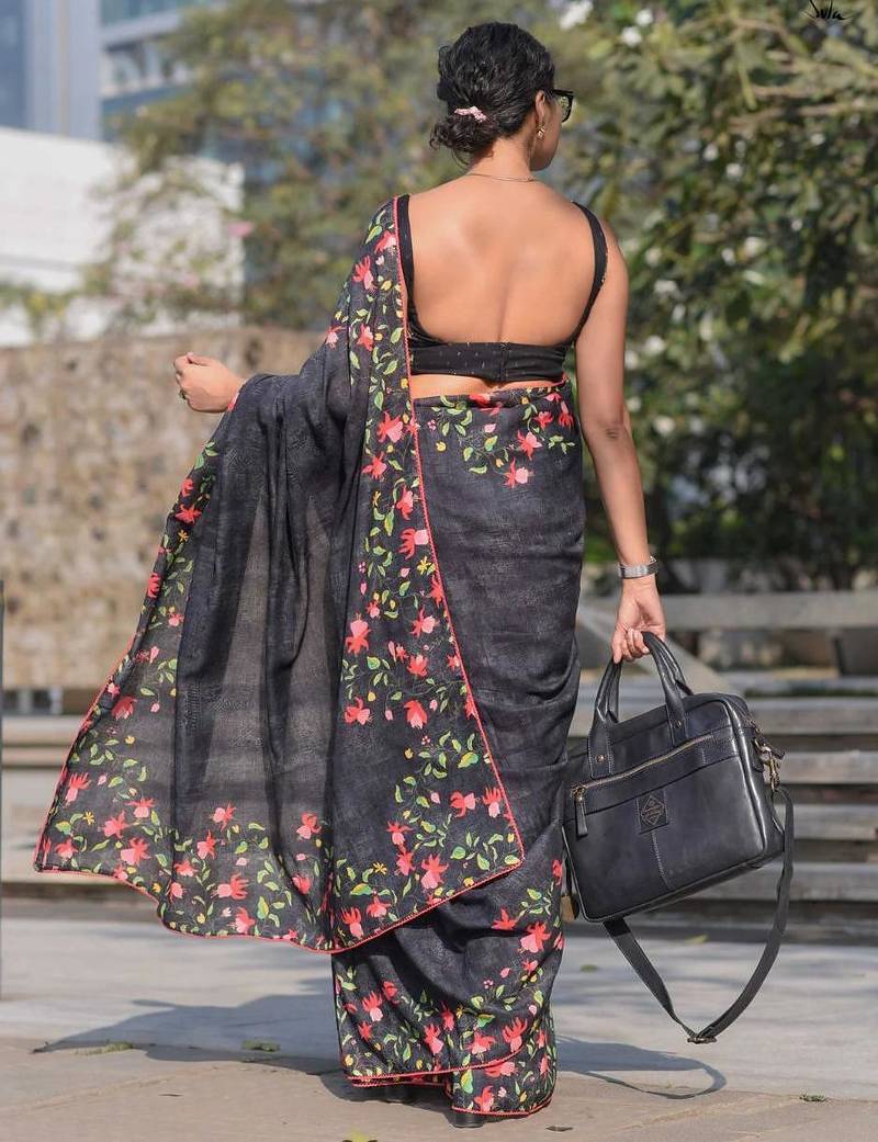 black color linen digital printed saree with running print blouse