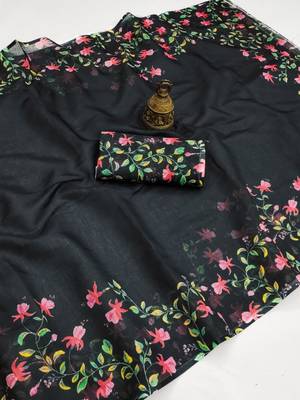 black color linen digital printed saree with running print blouse 3