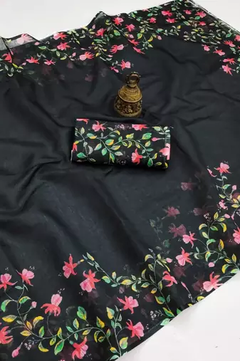 black color linen digital printed saree with running print blouse