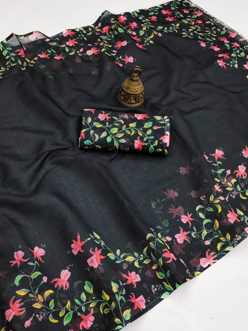 black color linen digital printed saree with running print blouse
