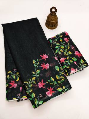 black color linen digital printed saree with running print blouse 4