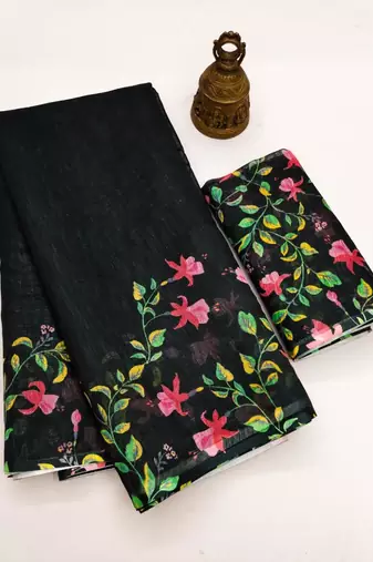 black color linen digital printed saree with running print blouse