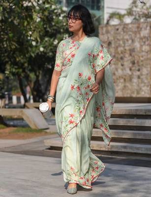 pista green color linen digital printed saree with running print blouse 1