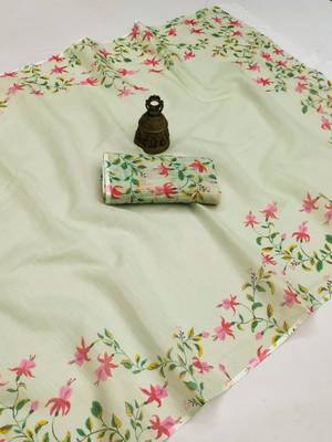 pista green color linen digital printed saree with running print blouse 3