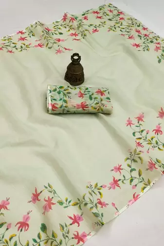 pista green color linen digital printed saree with running print blouse