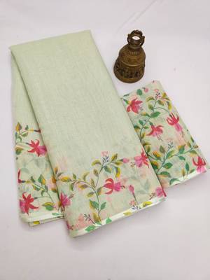 pista green color linen digital printed saree with running print blouse 4
