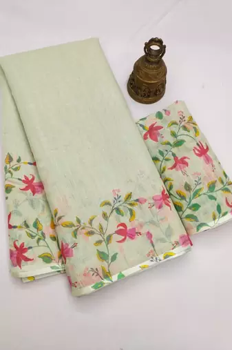 pista green color linen digital printed saree with running print blouse