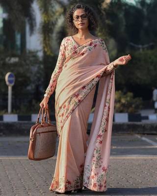 peach color linen digital printed saree with running print blouse 1