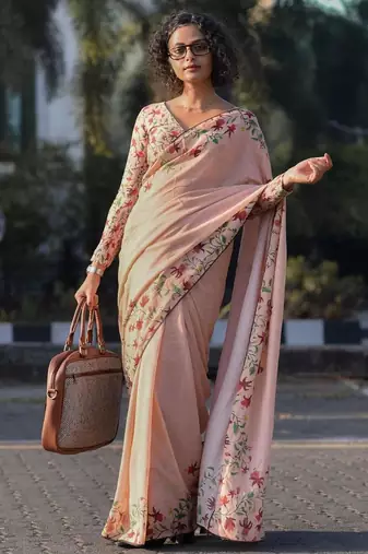 peach color linen digital printed saree with running print blouse