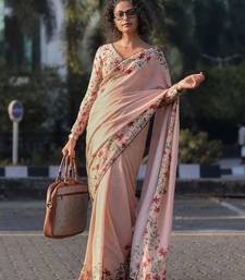 peach color linen digital printed saree with running print blouse