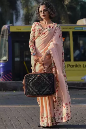 peach color linen digital printed saree with running print blouse