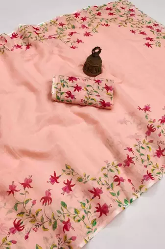 peach color linen digital printed saree with running print blouse