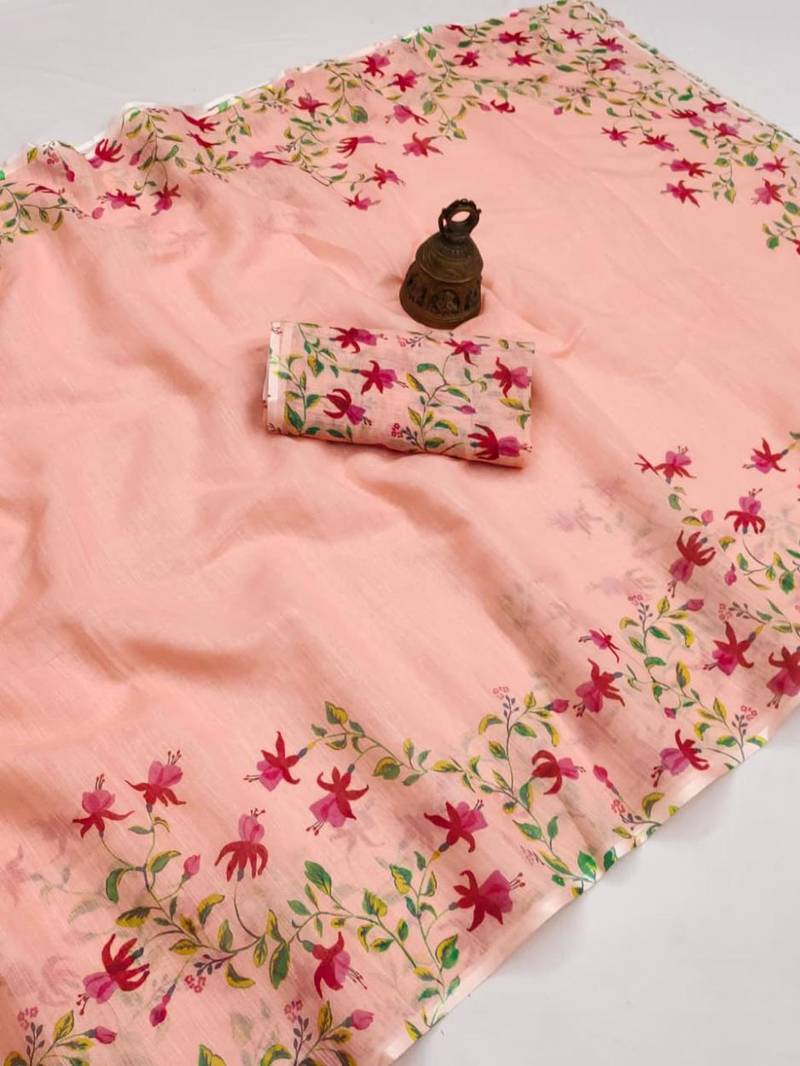 peach color linen digital printed saree with running print blouse