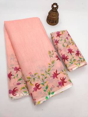 peach color linen digital printed saree with running print blouse 4