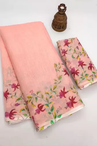 peach color linen digital printed saree with running print blouse