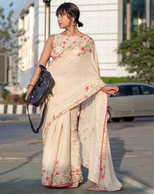 cream color linen digital printed saree with running print blouse 1