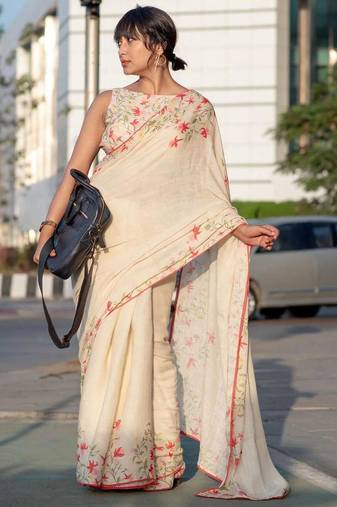 cream color linen digital printed saree with running print blouse