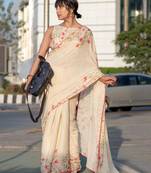 cream color linen digital printed saree with running print blouse