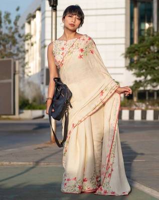 cream color linen digital printed saree with running print blouse 2