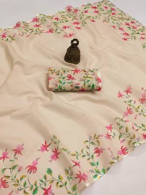 cream color linen digital printed saree with running print blouse 3