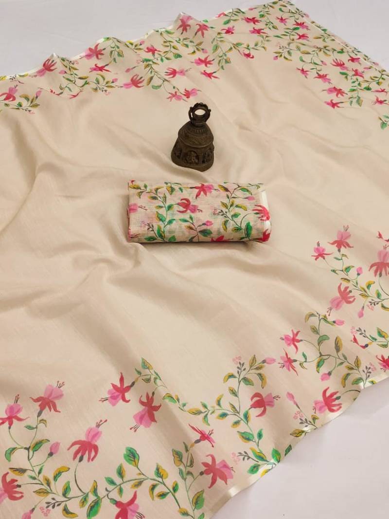 cream color linen digital printed saree with running print blouse