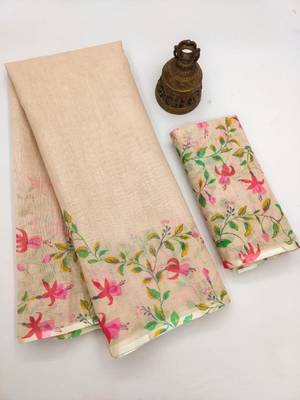 cream color linen digital printed saree with running print blouse 4