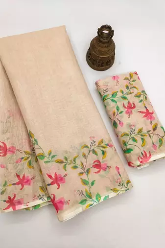 cream color linen digital printed saree with running print blouse