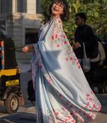 blue color linen digital printed saree with running print blouse