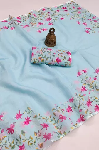 blue color linen digital printed saree with running print blouse
