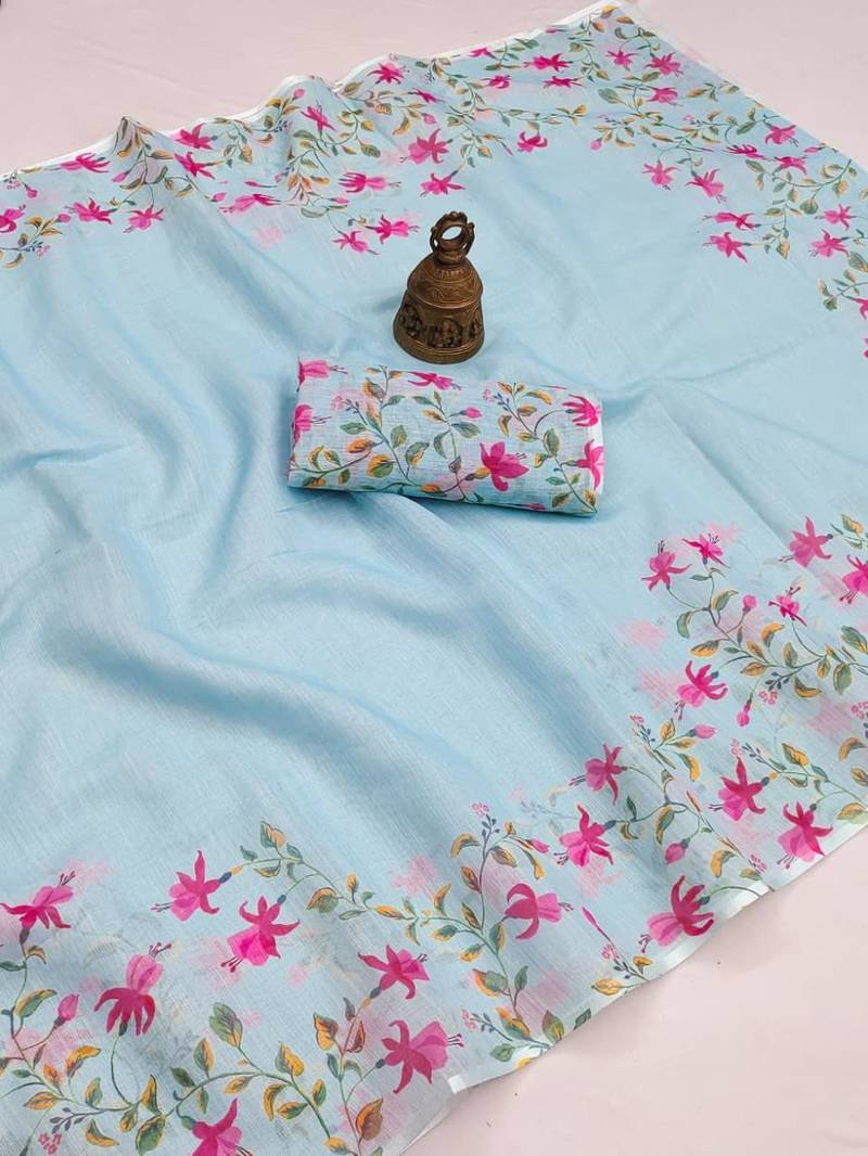 blue color linen digital printed saree with running print blouse