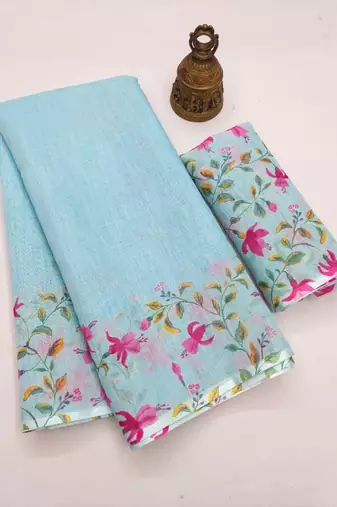 blue color linen digital printed saree with running print blouse