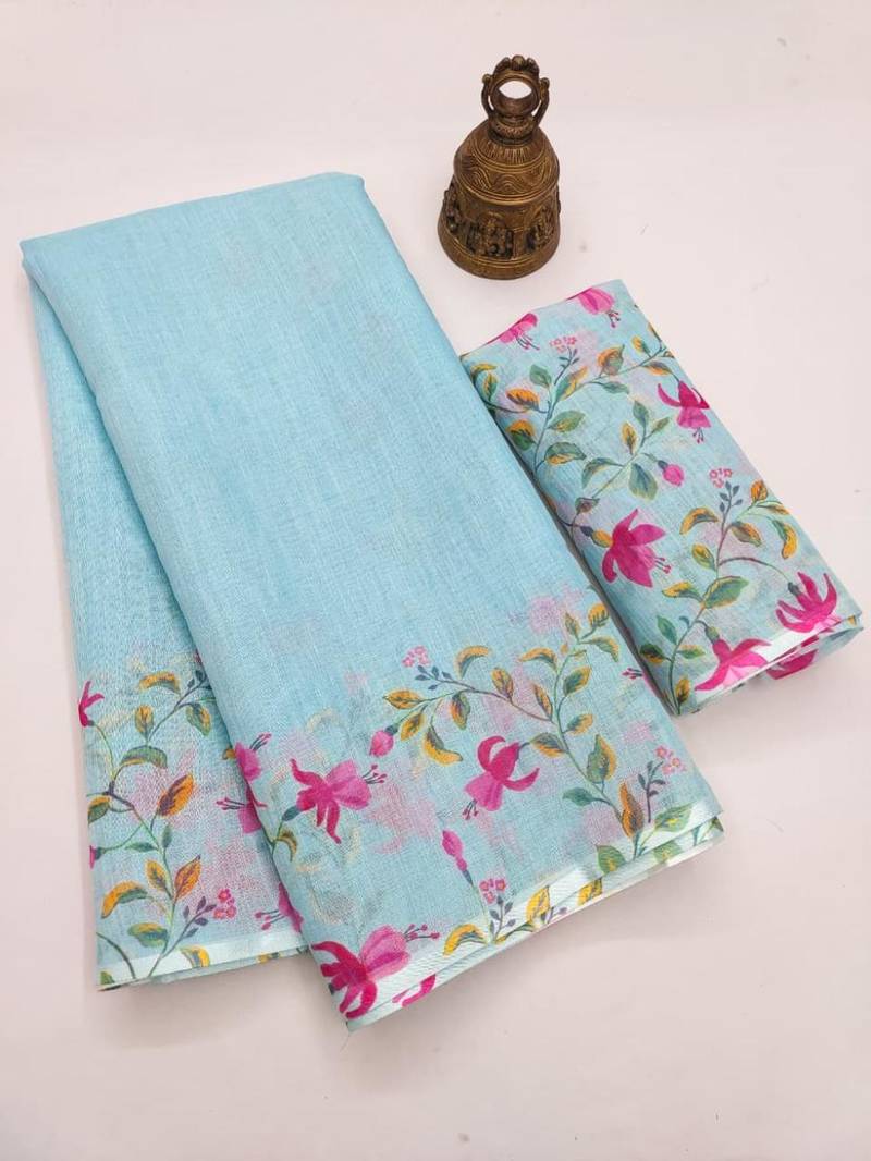 blue color linen digital printed saree with running print blouse