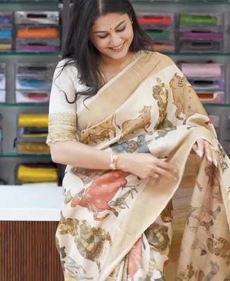 off white color linen digital printed sarees 1
