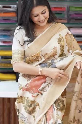 off white color linen digital printed sarees