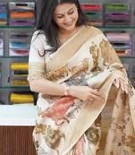off white color linen digital printed sarees