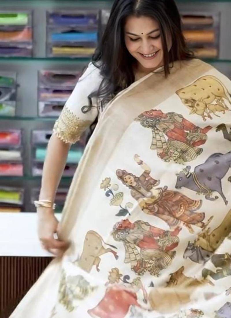 off white color linen digital printed sarees