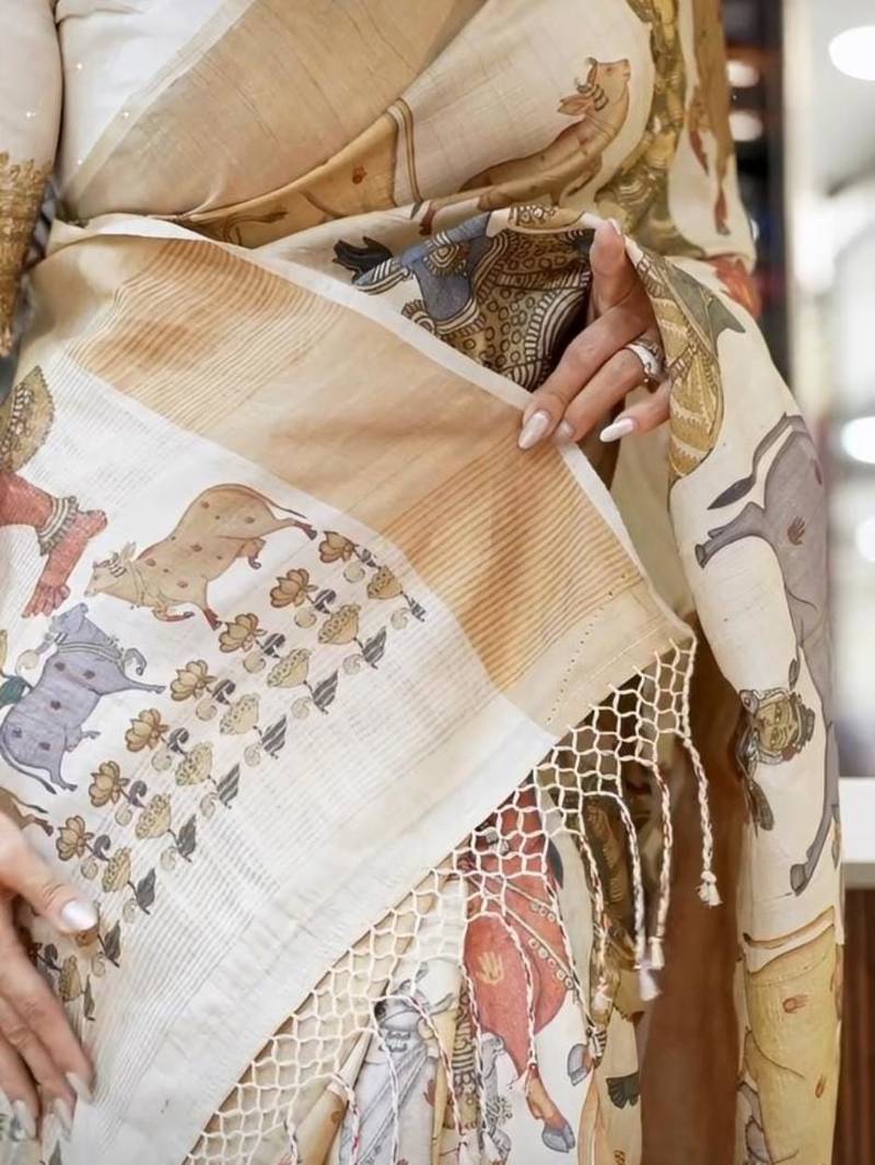 off white color linen digital printed sarees