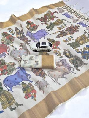 off white color linen digital printed sarees 4