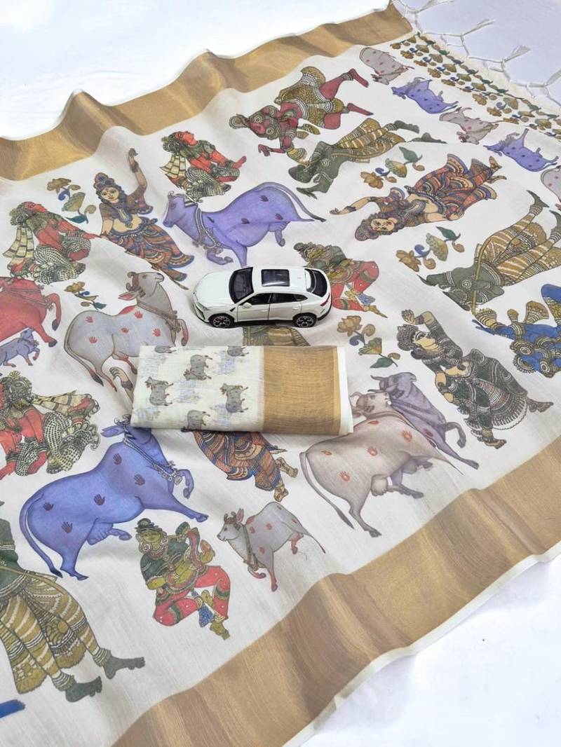off white color linen digital printed sarees