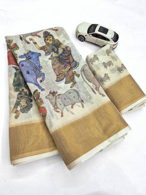 off white color linen digital printed sarees 5