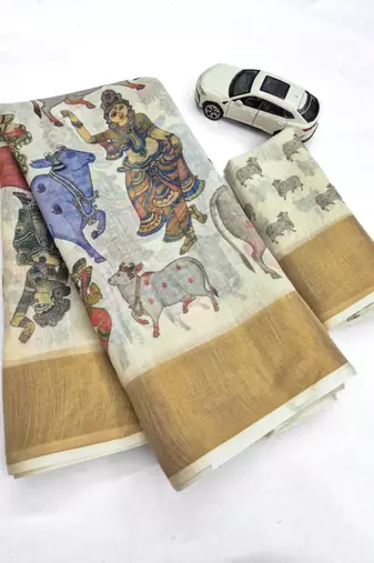 off white color linen digital printed sarees