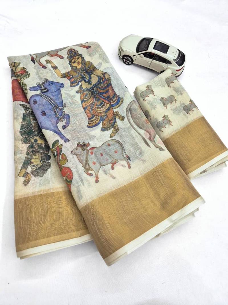 off white color linen digital printed sarees