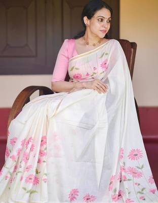 white pink color linen flower printed sarees 1